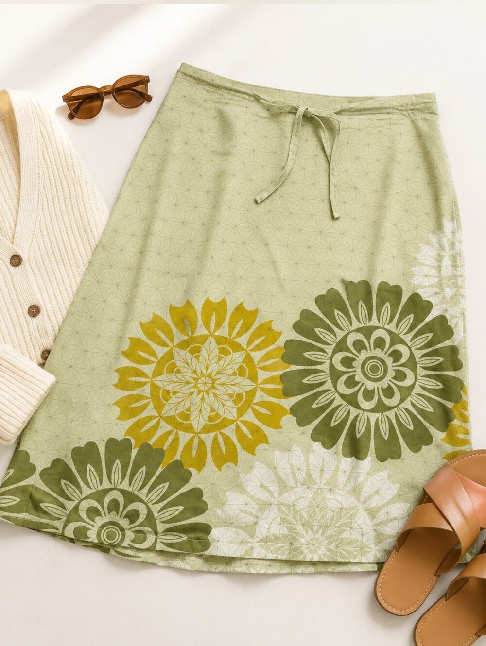 The Limited Y2K Vintage Cotton Skirt Light Green Retro Floral Print Size Medium